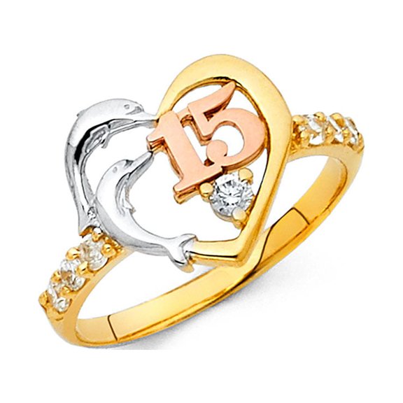 Dolphin Quinceanera 15 Ring Solid 14k Yellow White Rose Gold Heart Band Quince Good Luck Fancy, Size 7