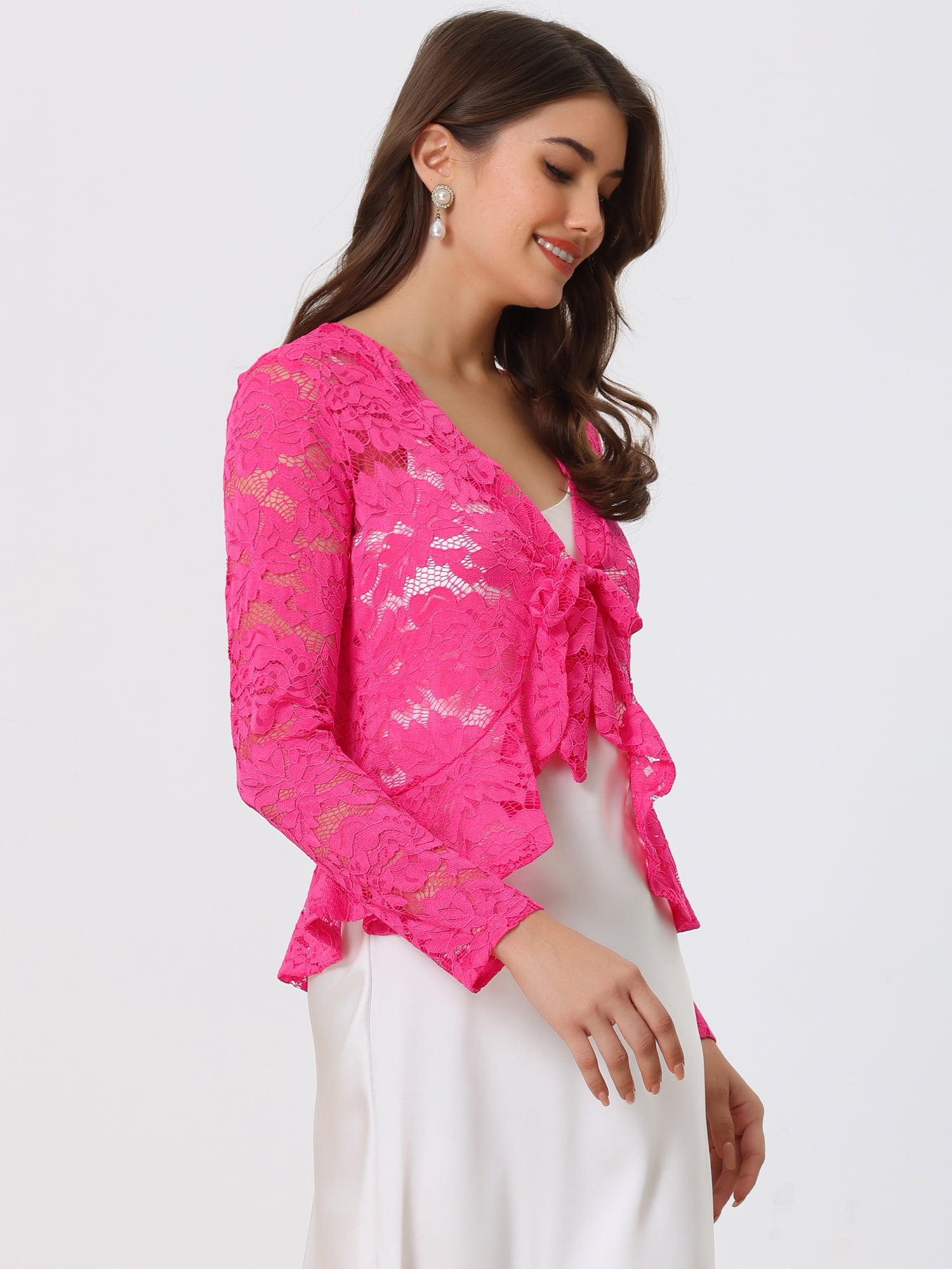 DARING DIVA Women's Ruffled Hem Floral Lace Crop Shrug Cardigan L Hot Pink