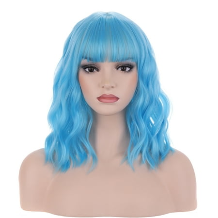 RightOn 14'' Blue Wig Women Girl's Short Curly Light Blue Wig with Bangs Sky Blue Wig with Wig Cap