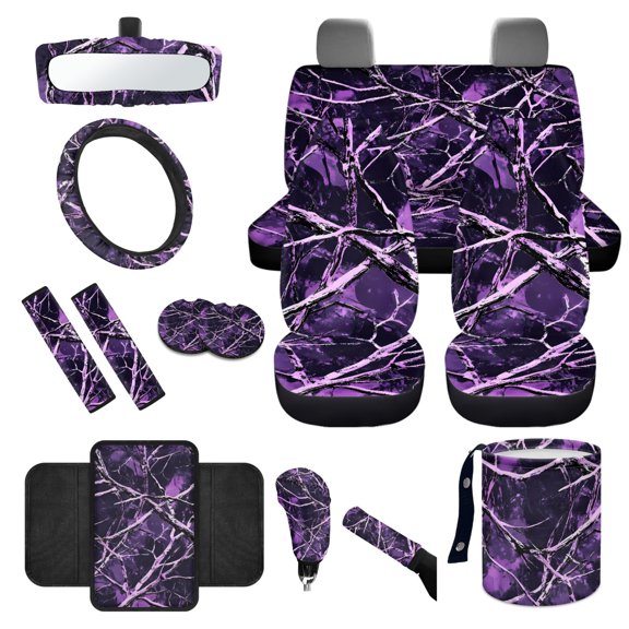 Yuyamidu Camo Hunting Car Accessories Set Purple Wood Auto Seat Cover Steering Wheel Cover Seatbelt Pad Trash Can Armrest Cover Pad Cup Holders Rearview Mirror Cover Handbrake Cover Set, 14 Pack