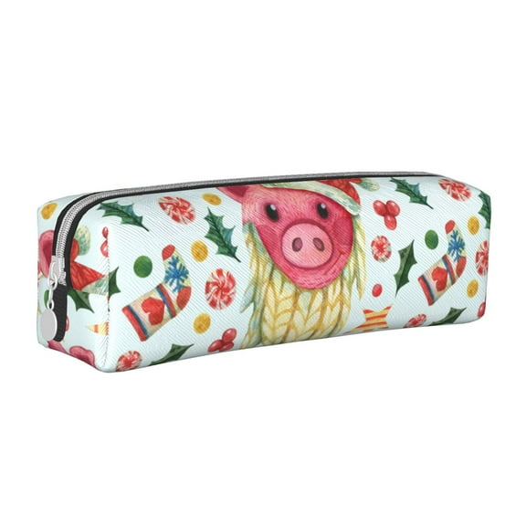 Yiaed Christmas Cute Pigs Print Leather Pencil Case - Leather Pen Pencil Holder - Elegant & Practical Pencil Pouch for Work & Office