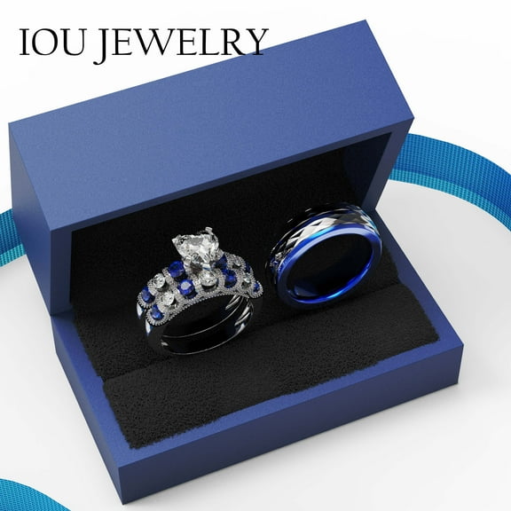 3pc Couples Wedding Ring Sets His And Hers Women Sterling Silver Blue Moissanite and men Wedding Bands Together With Ring Gift Jewelry Box