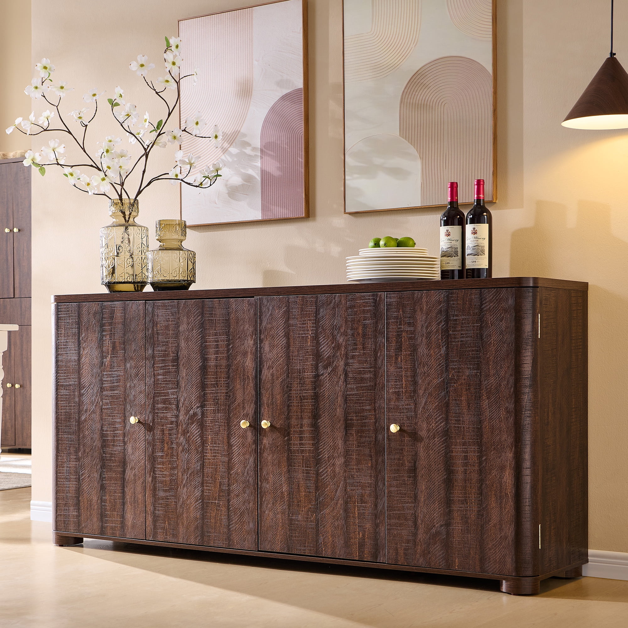 Aitjunz Kitchen Buffet Sideboard Cabinet, 66" Curved Coffee Bar Storage Cabinet with 4 Doors and Shelves for Kitchen, Dining Room, Brown
