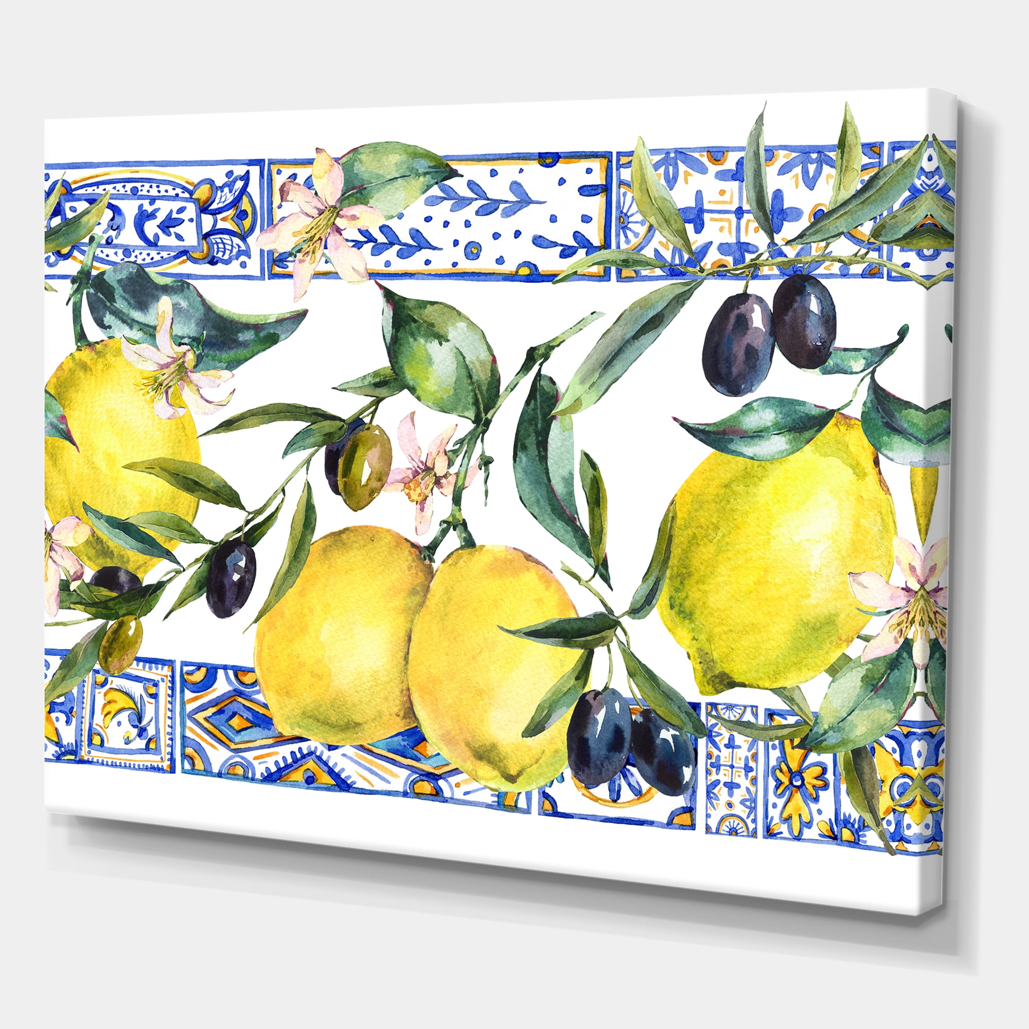 Geometrical Pattern of Lemon Ornament On Blue II 8 in x 12 in Painting Canvas Art Print, by Designart