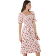 thumbnail image 1 of Vestido floral midi fruncido informal con mangas abullonadas y cuello cuadrado para mujer Beige M, 1 of 6
