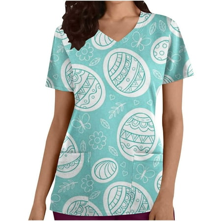 

Edvintorg Women s Scrub Tops Clearance Fashion Easter Printing Short Sleeve V-Neck Tops Working Uniform With Pocket Blouse Tops
