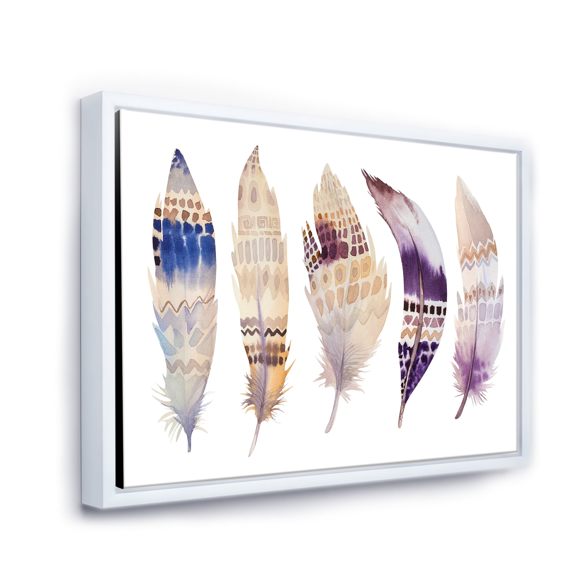 Designart 'Ethnic Purple Boho Art Feathers' Bohemian & Eclectic Framed Canvas Wall Art Print