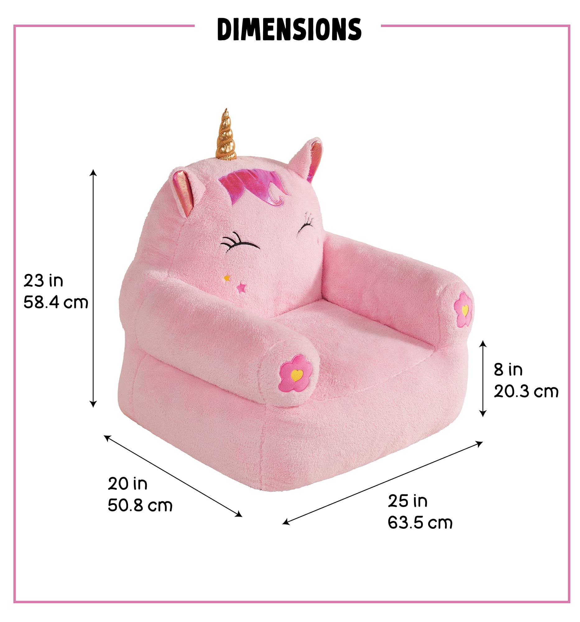 Lounge & Co Kids Unicorn Large Foam Filled Bean Bag Chair, Pink Plush, 25" W x 20" D x 23" H