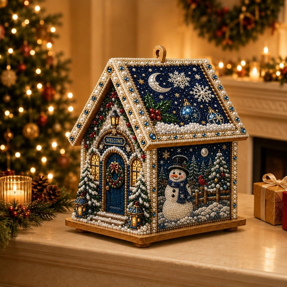 3D Christmas Wooden House Diamond Painting Kit, Pearl Rhinestone DIY Craft Set for Adults & Beginners, Holiday Ornament for Tree, Shelf & Mantel(C)