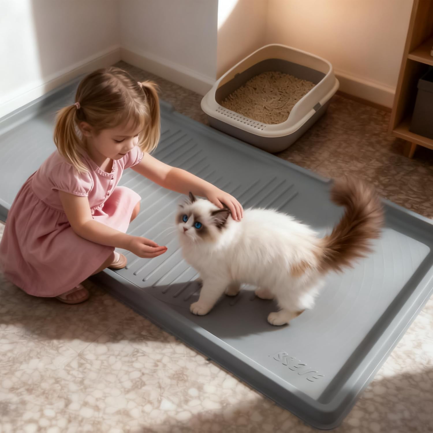 Cat Litter Mat 54" x 27.5" XXL, Extra Large Silicone Mat for Litter Box, 1.38" Raised Edge Urine Proof Litter Trapping Mat Pad for Scatter Control, Soft on Kitty Paws, Protect Floor (Grey)