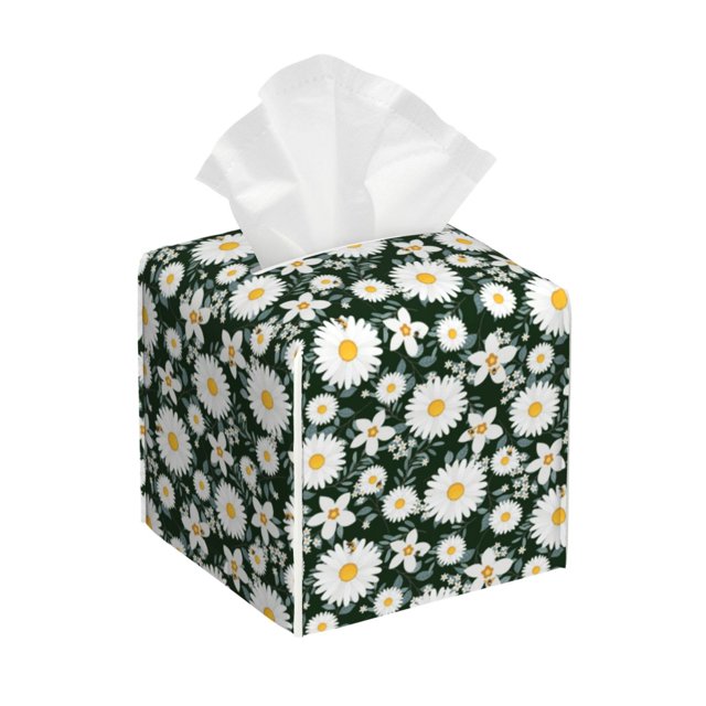 Fotbe White Daisies and Bee Porta Pañuelos Decorativo de Cuero, Caja Cuadrada Moderna para Pañuelos Faciales, Organizador y Dispensador 5x5x5''