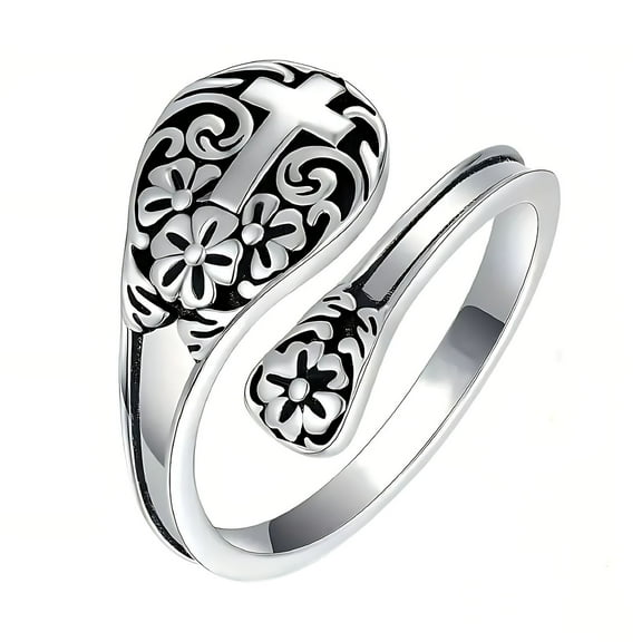 Guodhu Silver Cross Spoon Ring - Vintage Cross Flower Faith Rings Adjustable Size Inspirational Jewelry