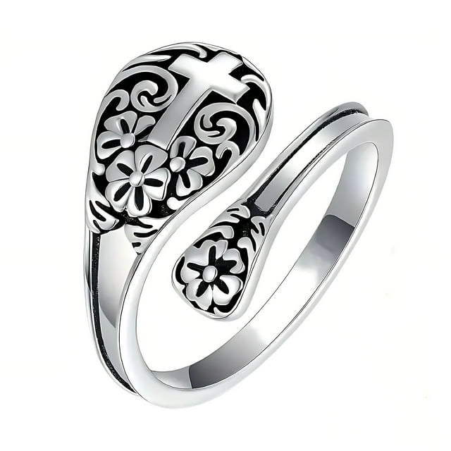 HHBEAUTY 925 Sterling Silver Cross Spoon Ring - Oxidized Vintage Flower Faith Rings Adjustable Size Inspirational Jewelry