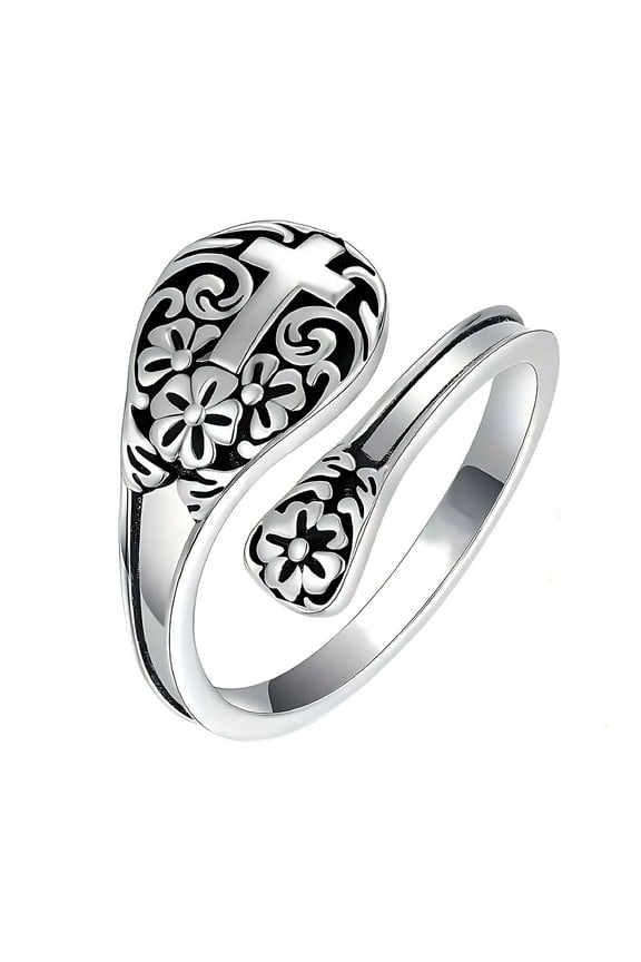 925 Sterling Silver Cross Spoon Ring - Oxidized Vintage Flower Faith Rings Adjustable Size Inspirational Jewelry