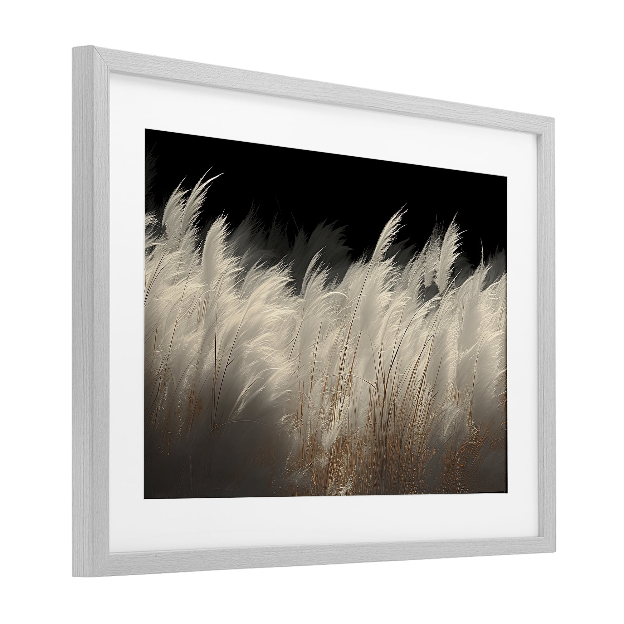 White Feathers Windblown Grasses Gray Framed Print Under Glass, design by Decent Exposures