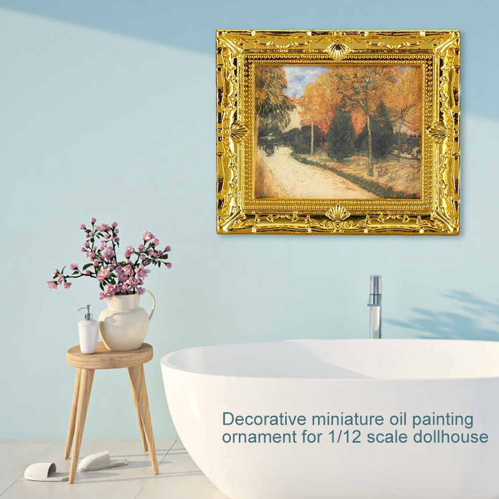 1:12Doll House Miniature Gold Frame Art Wall Picture Autumn Painting Scener D0Q1