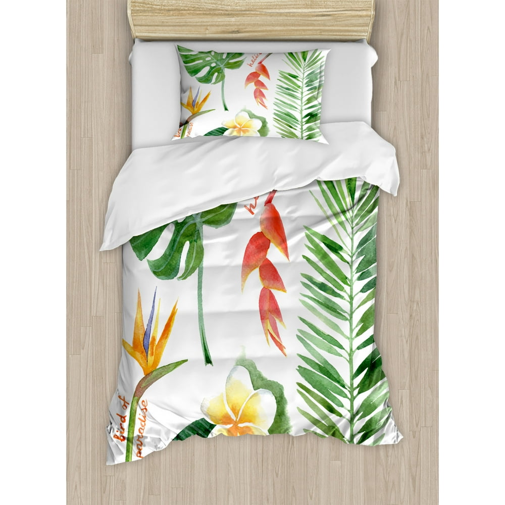 Plant Duvet Cover Set Twin Size, Bird of Paradise Palm Leaf and