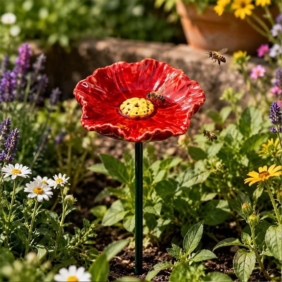 Bee Watering Station, Ceramic Bee Water Feeder with Colorful Flower Design, Butterfly Bee Bath Bowl for Outdoor Garden Yard Decor