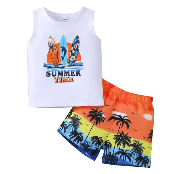 Kucnuzki 3T Toddler Boys Outfit Set 4T Child Boy Summer Clothes Sleeveless Letter Print Tank Top Coconut Trees Shorts Sets 2pcs Causal Clothing White