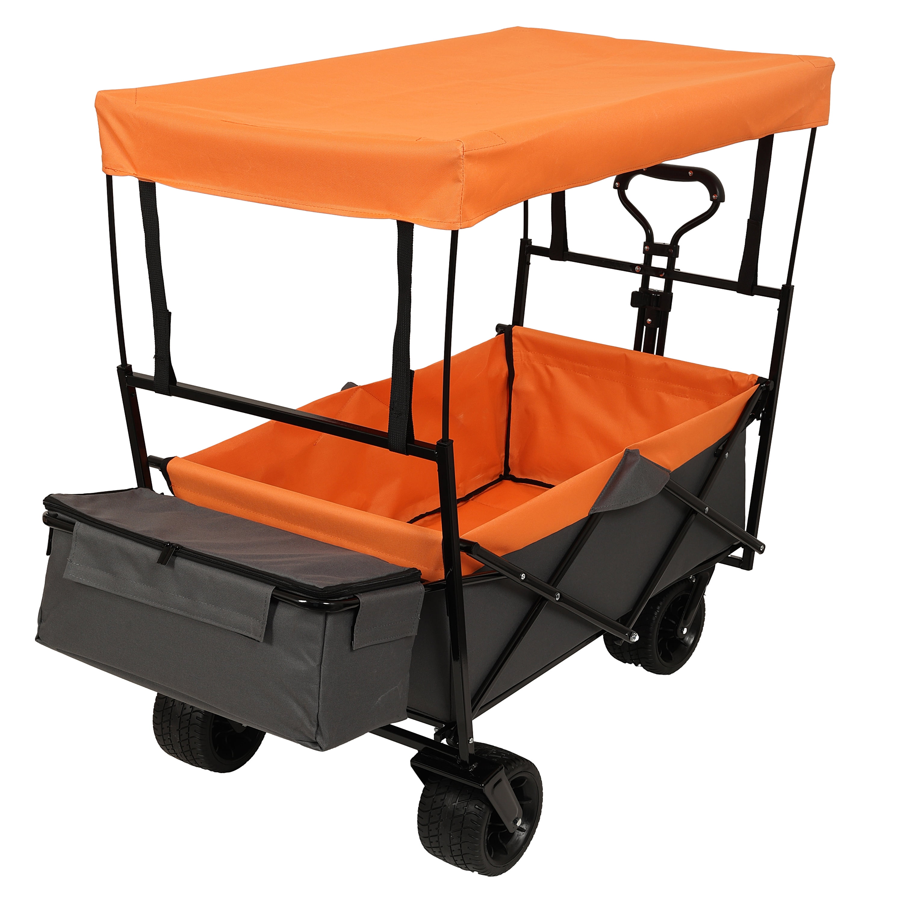 Heavy Duty Folding Wagon with Canopy, 480 lbs Collapsible Wagon Stroller with Mosquito Net, 7"x4" All-Terrain Wheels for Camping, Garden, Orange