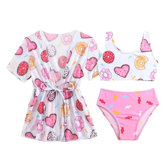 Huowey Baby Toddler Swimwear 3 Piece Cute Cartoon Print Drawstring Bikini Set Round Neck Fashionable High Waist Brief Separates Short Sleeve Cover Up Cardigan Beachwear Summer Swimsuit,Pink,5-6 Years
