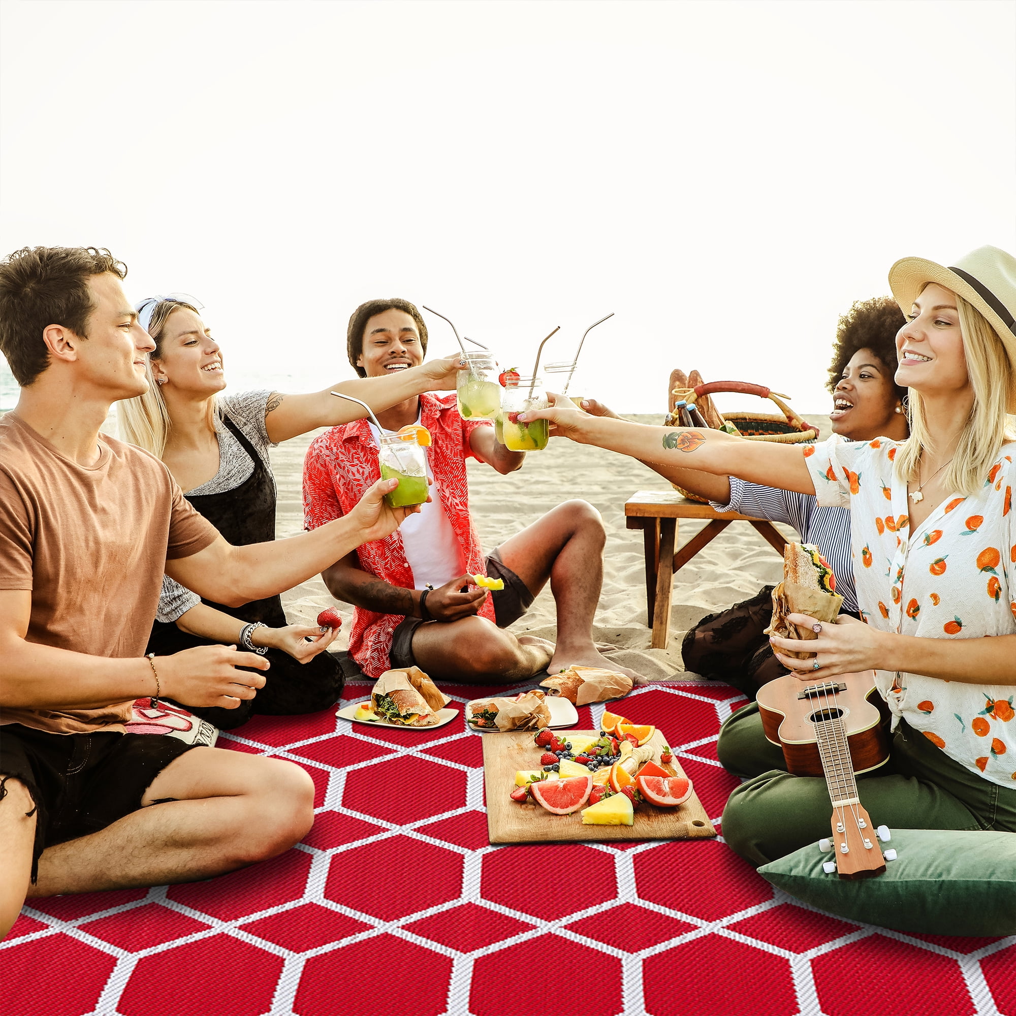 Playa Rug Reversible Indoor/Outdoor 100% Recycled Plastic Floor Mat/Rug - Weather, Water, Stain, Fade and UV Resistant - Miami- Red & White (4'x6')