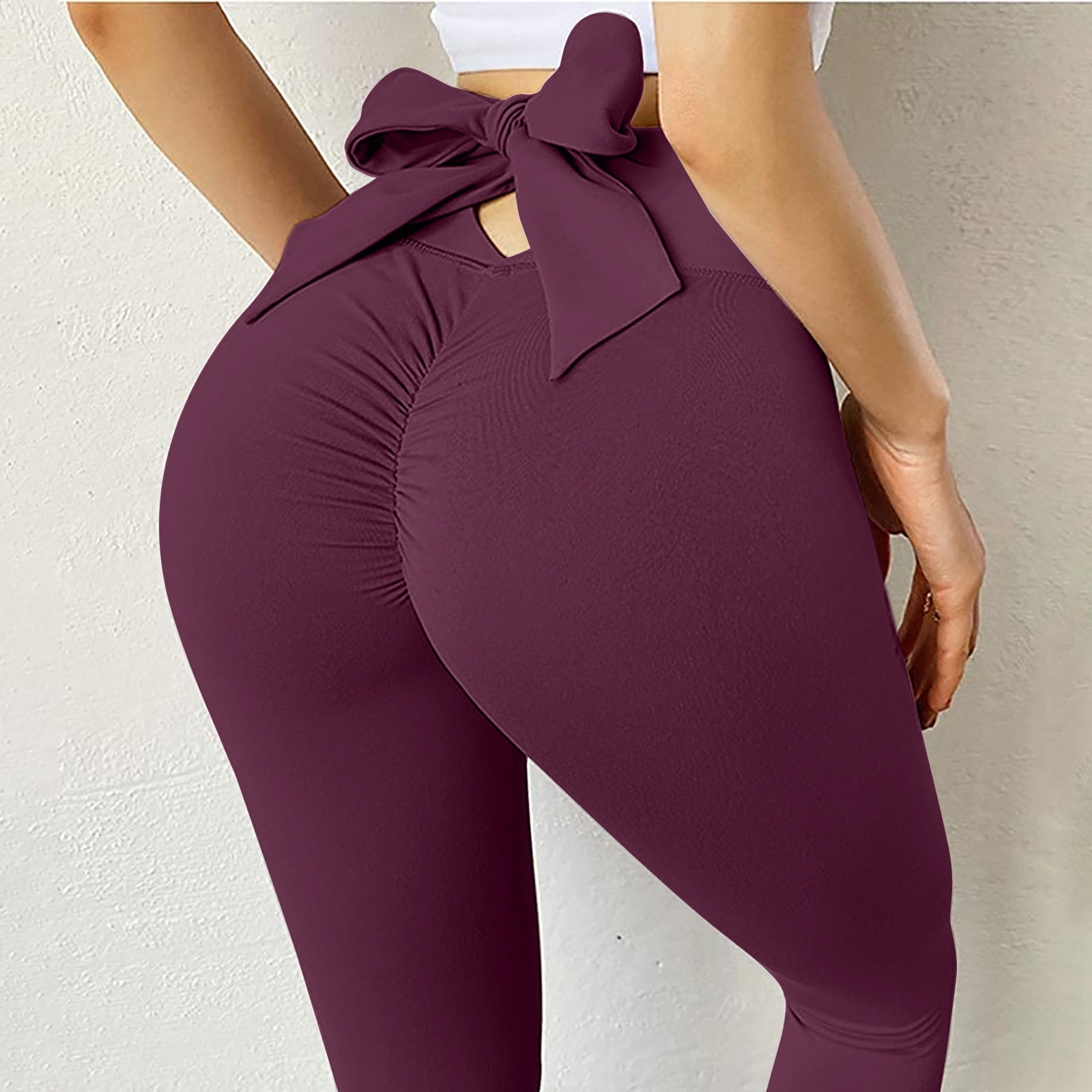 Hfyihgf Leggings for Women High Waist Tummy Control Yoga Pants Back Tie Bow  Hip Lift Workout Fitness Running Tights(Wine,M) 