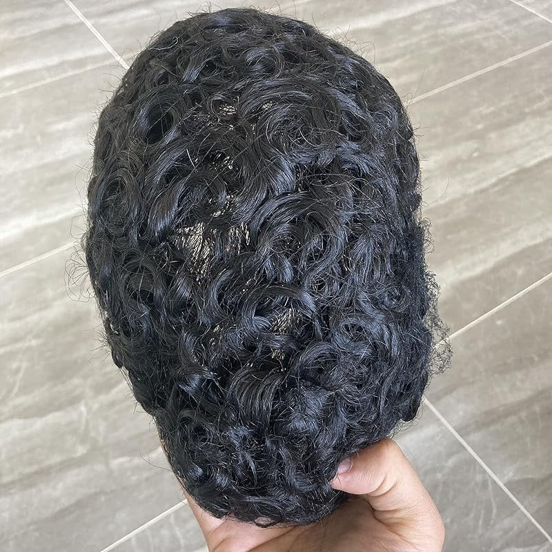 SIMBEAUTY Indian Remy Human Hair Curl Toupee 10x8inch for Men with Men Hair System Replacement Wig (1# Jet Black- 15MM Curly)