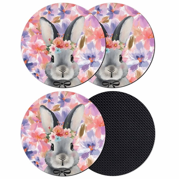 Easter Bunny Coasters Set of 4, Absorbent Coasters for Drinks, Spring Pink Flowers Rabbit Pastoral Botanical Coaster for Desk Coffee Table Protection, Home Decor House Warming Gifts 4"