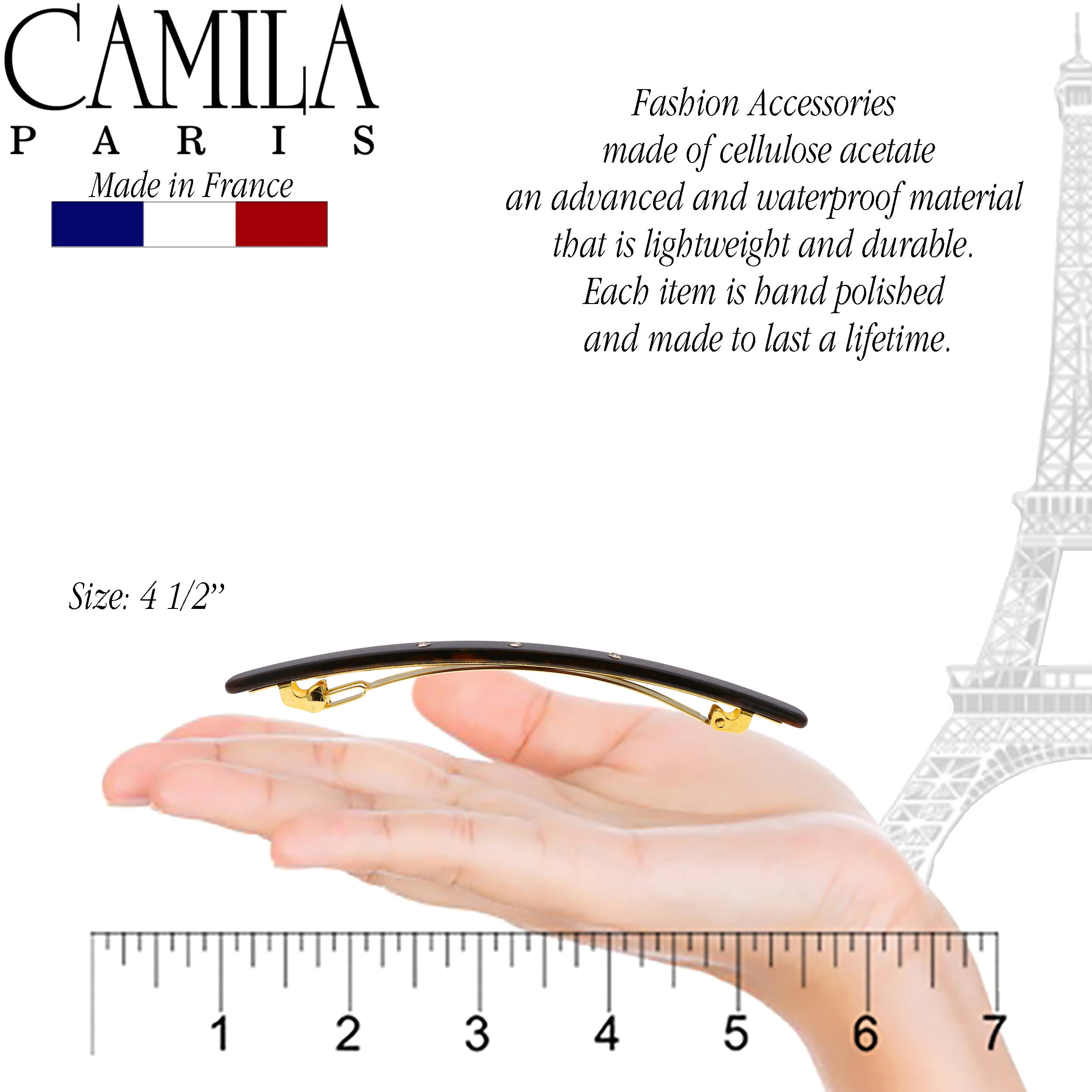 Camila Paris CP3252 French Hair Barrette Large Gray, Long Skinny Strong Hold Grip Hair Clips for Women, Thin Rubberized Automatic Clasp No Slip Durable Styling Girls Hair Accessories, Made in France
