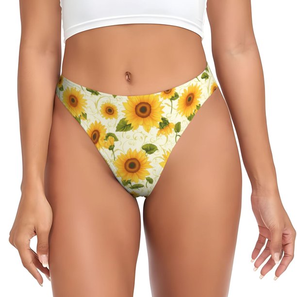 Balery European-style Pattern Sunflower Tangas de Algodón para Mujer con Estampado – Ropa Interior Sexy, Transpirable, G-string-X-Small