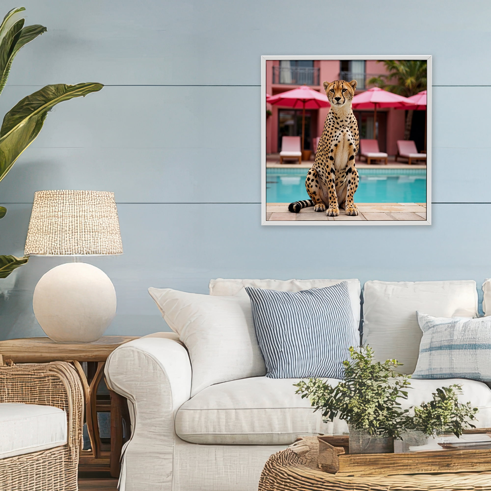Cheetah Posed at Poolside White Framed Giclee Art, design by Lettered and Lined