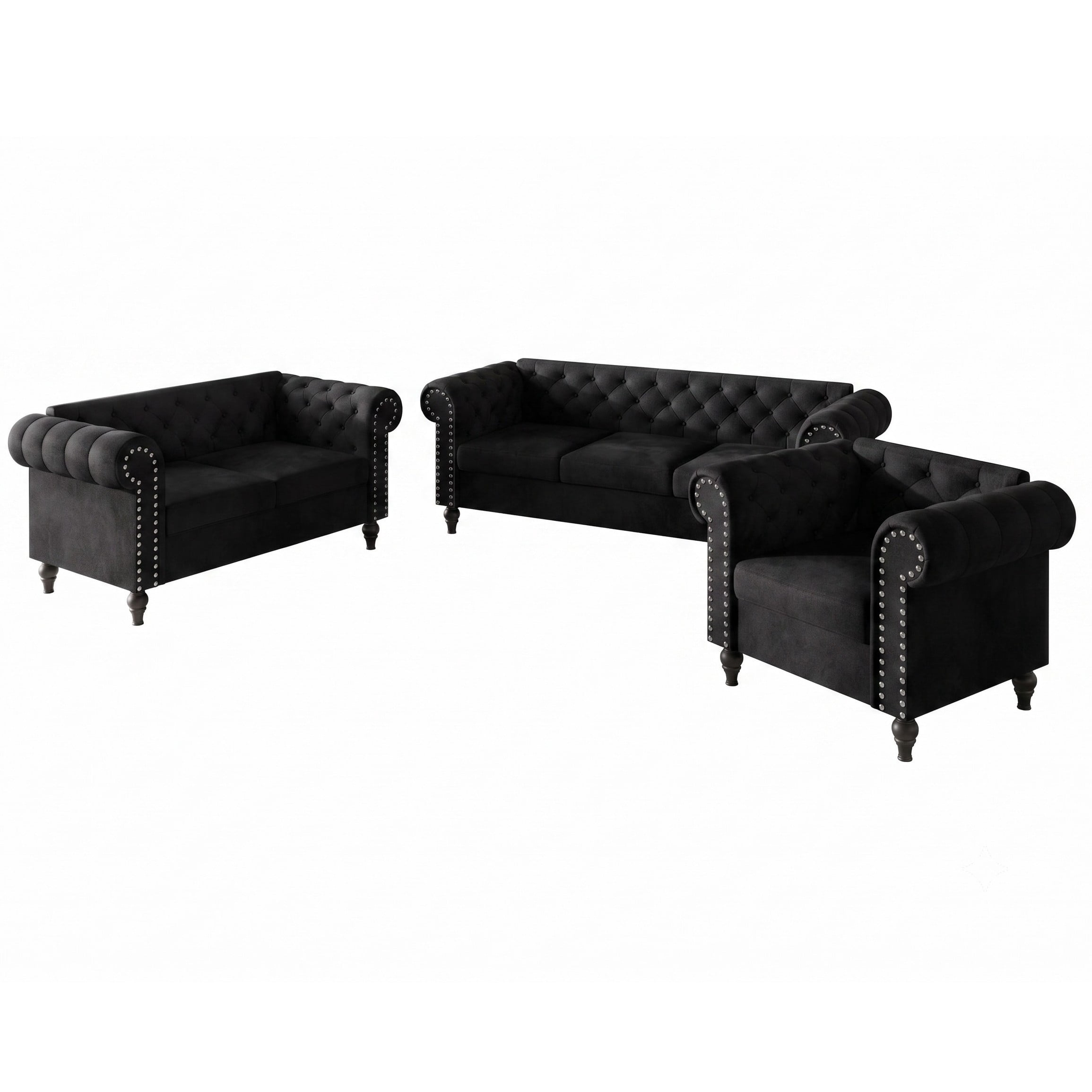 Home Design Kelso 3-Piece Velvet Living Room Set With Rolled Arm Chair, Loveseat and Sofa, Deep Button Tufting and Turned Legs, Black