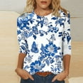 thumbnail image 6 of NTACZA 3/4 Sleeve Tops for Women Blue Hawaiian Round Neck Floral Blouses Ladies Blouses L, 6 of 7