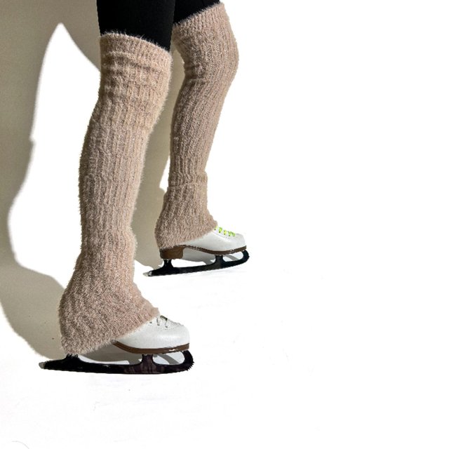 Calentadores de piernas de patinaje de hielo, calcetines de patinaje largo de punto de cable, calcetines espesos y cómodos y altos para los pies para Beige