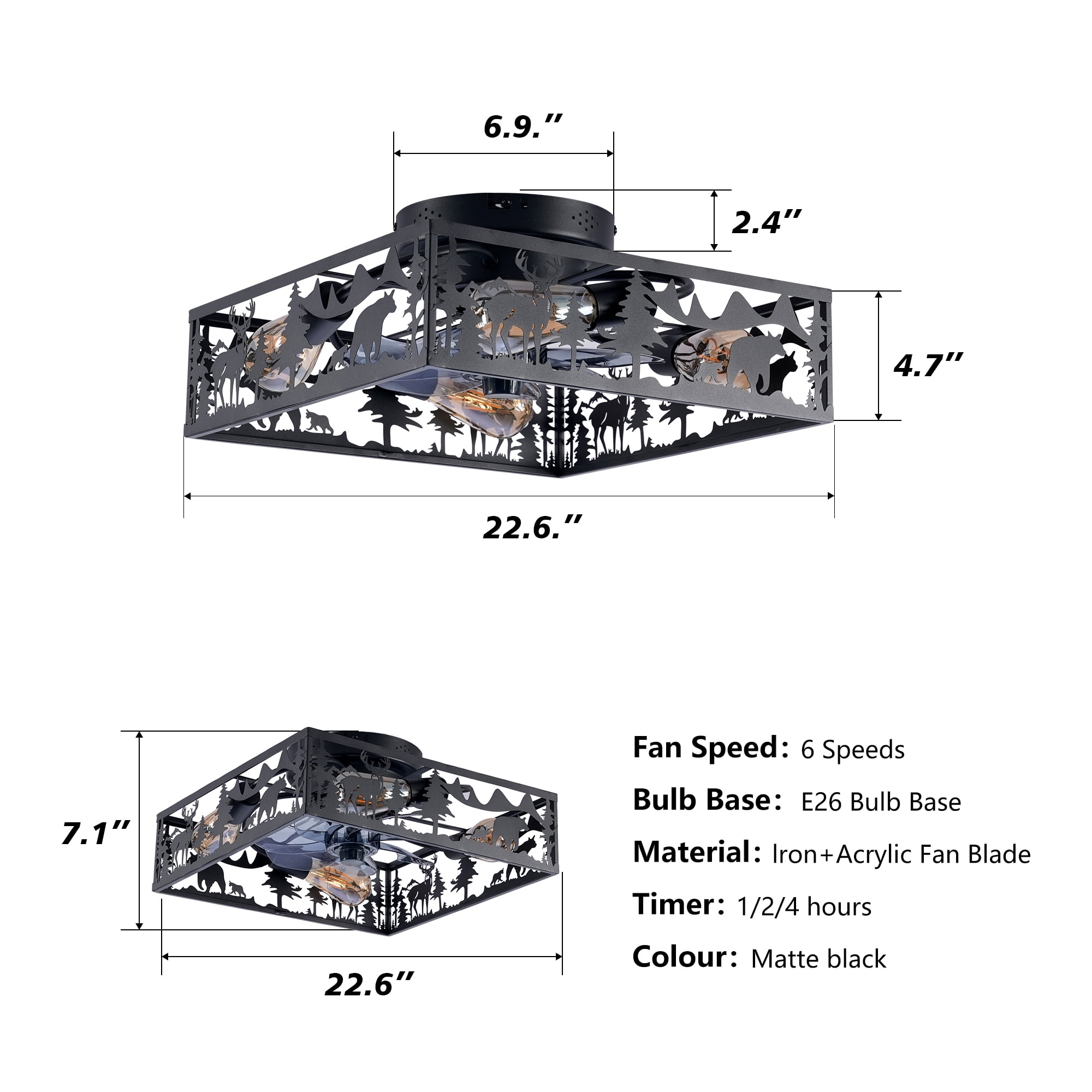 Leumius 20" Black Square Ceiling Fans with Lights and Remote, Flush Mount Square Ceiling Fan 6 Speed Reversible with Remote Control for Living Room Bedroom Dining Room (NOT Included Bulbs)