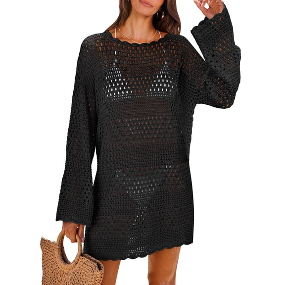 ANRABESS Women Swimsuit Crochet Swim Cover Up 2026 Summer Bathing Suit Swimwear Mesh Knit Beach Dress Vacation Outfits Black S