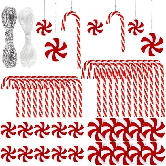 48 Pcs Christmas Candy Cane Hanging Ornaments Candy Lollipop Christmas Tree Decorations Red & White Plastic Twisted Crutch Ornaments with Ropes for Xmas Tree New Year Holiday Party Decor,Topboutique
