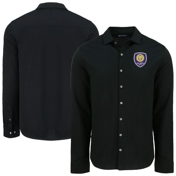 Men's-Cutter & Buck  Black Orlando City SC Advantage Tri-Blend Eco Soft Pique Long Sleeve Knitted Button-Up Top