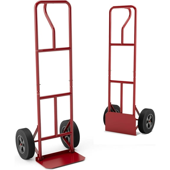 Fusion Hand Truck, P-Handle Hand Truck Dolly w/Vertical Loop Handle, 10” Rubber Wheels, 15”x8” Foldable Nose Plate, 660LBS Capacity, Heavy Duty Metal Dolly Cart for Lifting, Stairs (Red)