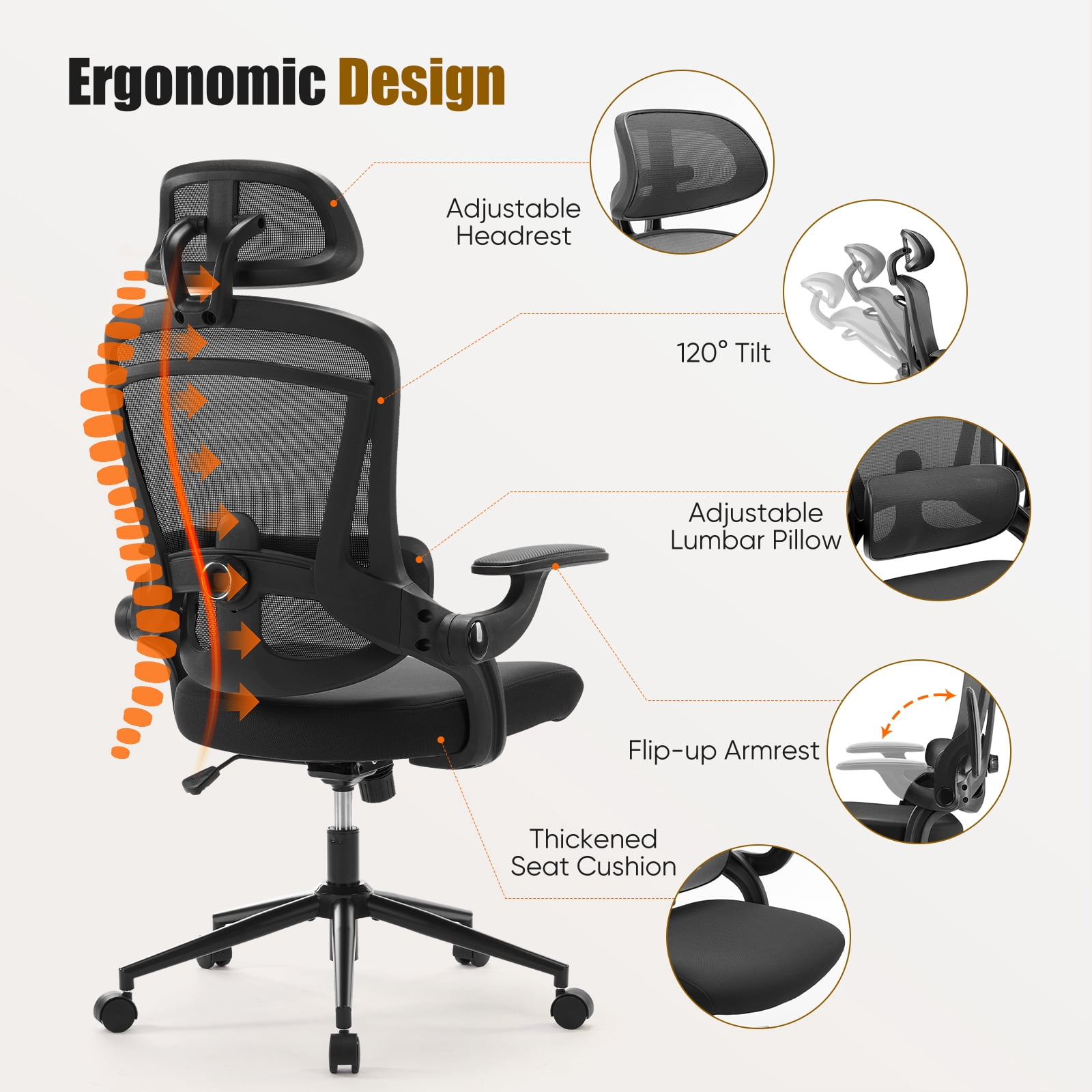 JIOABL Ergonomic Mesh Office Chair, High Back Desk Chair with Adjustable Lumbar Support, Headrest & Armrests, Swivel Task Chair, Black