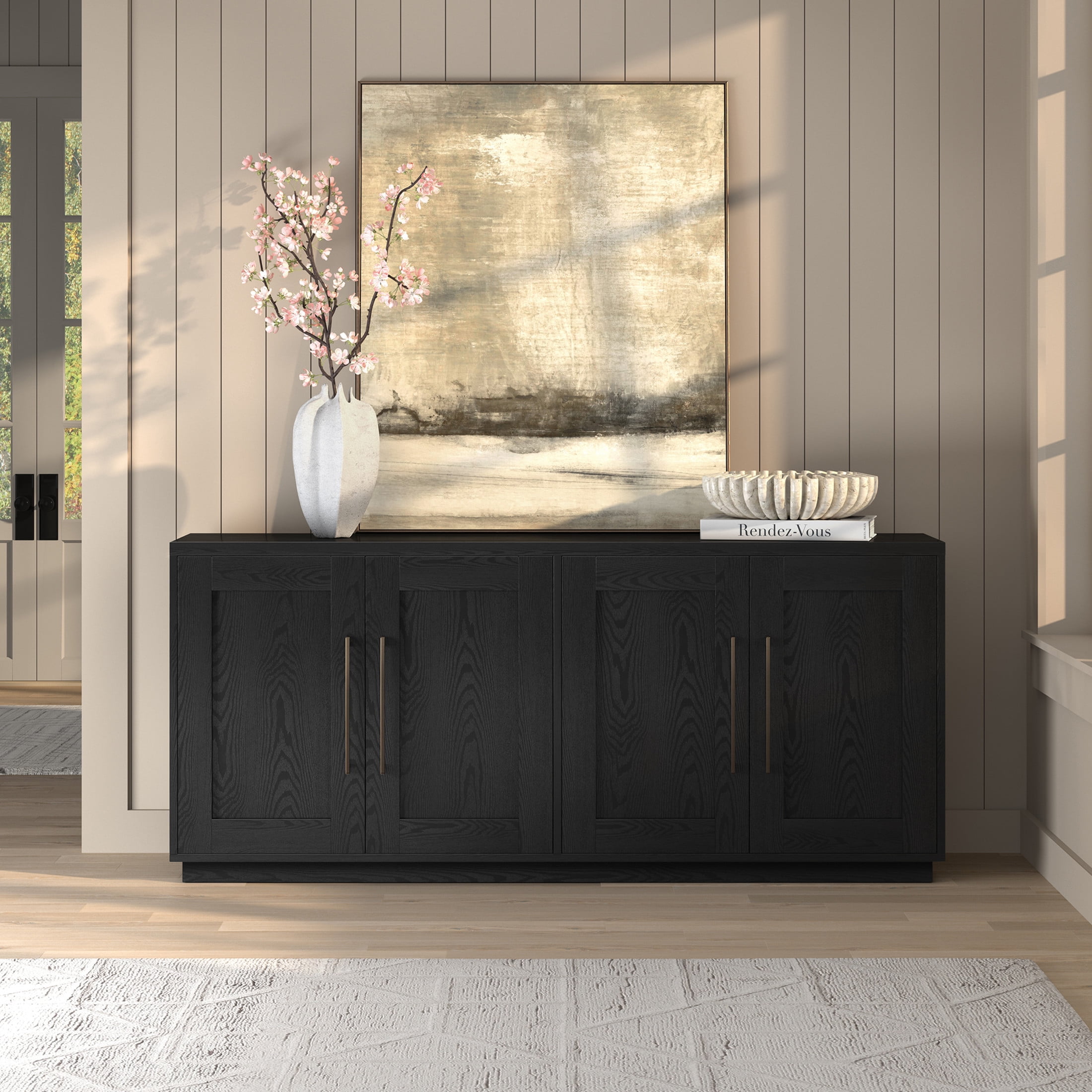 Evelyn&Zoe Modern/Contemporary 68" Wide Black Grain Buffet Table
