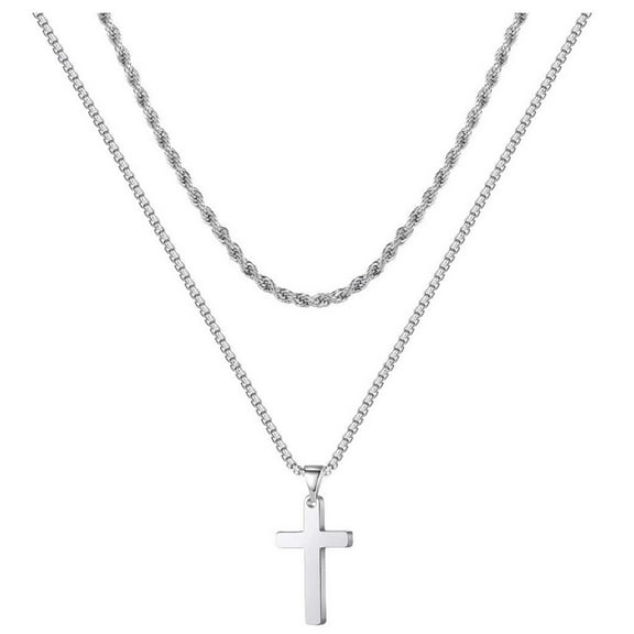 MEIBUTYUP Double Layer Cross Pendant Necklace, Stylish Titanium Steel Jewelry for Men and Women, and Trendy Accessory