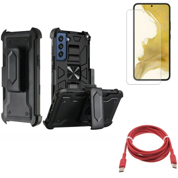 Matte Screen Protector & Red 6ft Long Cable & Case Belt Clip for Samsung Galaxy S22 (6.1") - TPU Film Anti-Glare & USB-C to Type-C PD Fast Charger & Holster Swivel Accessory Bundle