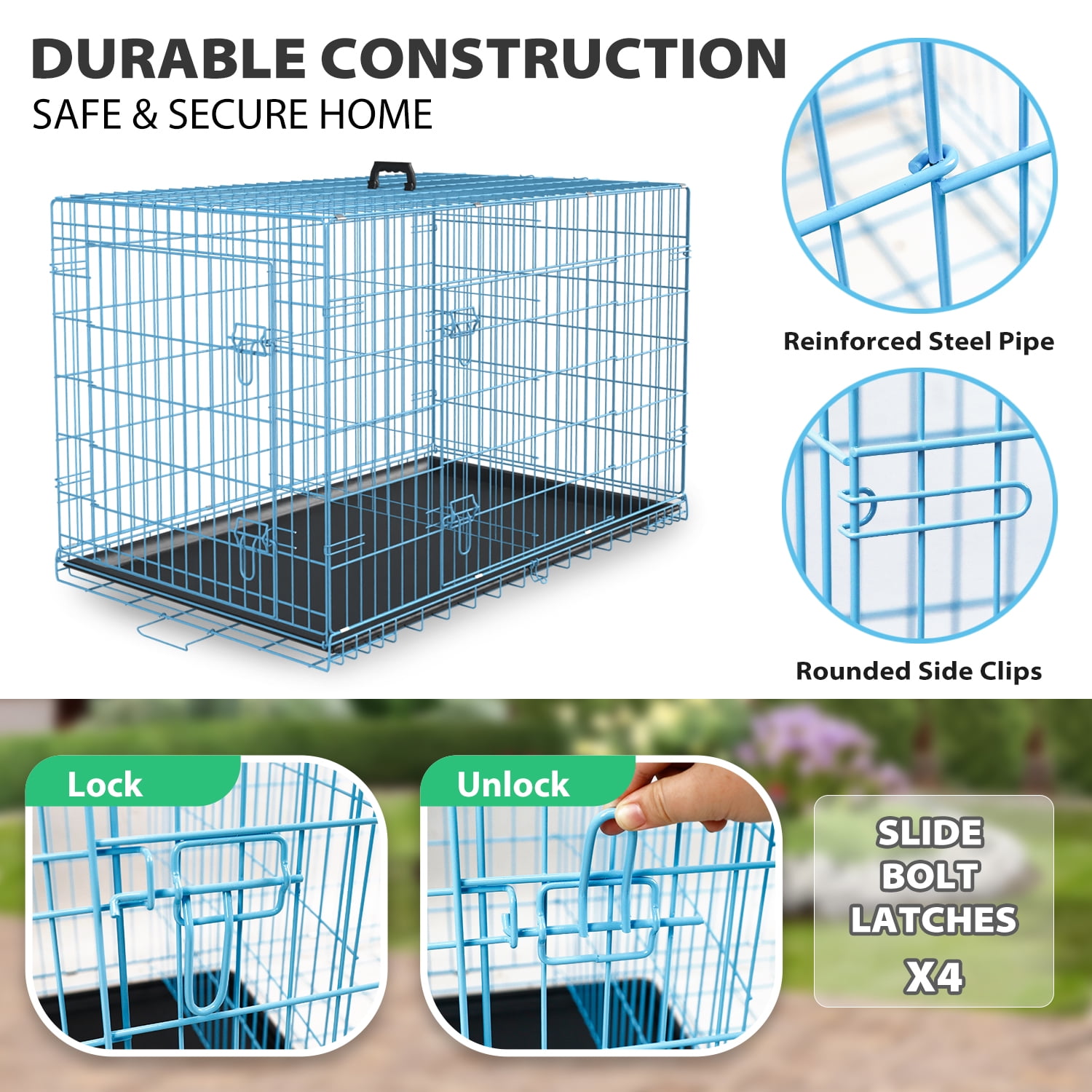 YRLLENSDAN 24 inch Dog Crates for Small Dogs Puppy Crate Collapsible Dog Crate Wire Dog Crate Foldable Dog Crate Small Dog Kennel Indoor Dog Cage for Small Dogs Crates 10-20 Pounds, Blue