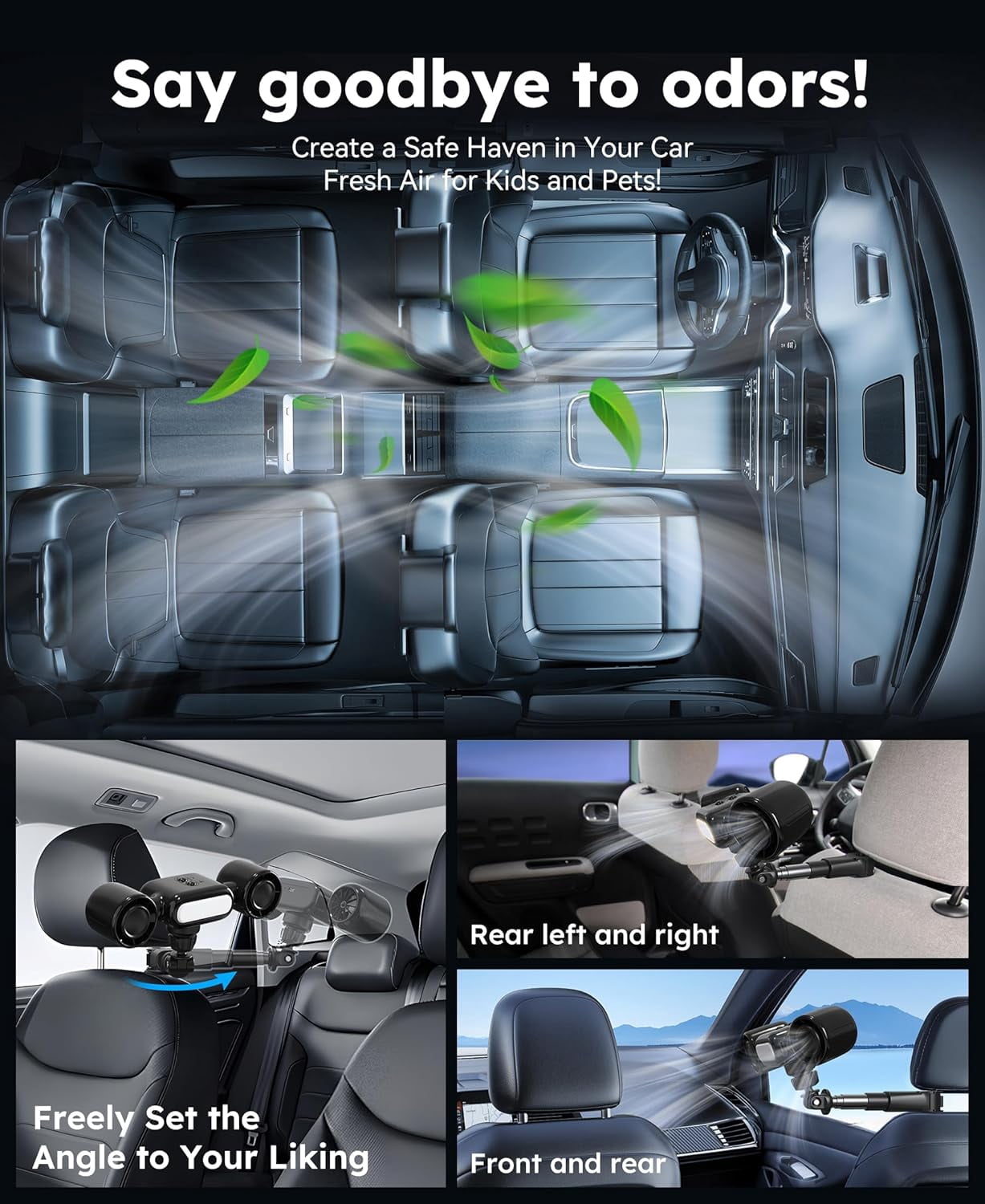 Wiher Car Fans, Seat Cooling Fan 3 Wind Speeds with Night Light 360° Dual Head USB Car Fan Portable Fans for Car Backseat for Kids (Black)