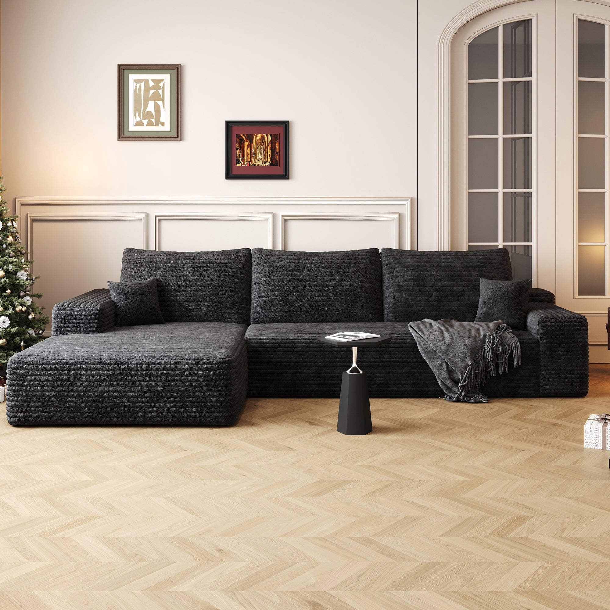 Sailvan 107" Cloud Sectional Couch, Cloudy Sofa with L-Shape Chaise, Upholstered Couches for Living Room & Bedroom, No Assembly Required, Plush Corduroy Fabric, Black