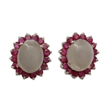 NOVICA Ruby and moonstone button earrings, 'Love and Devotion'