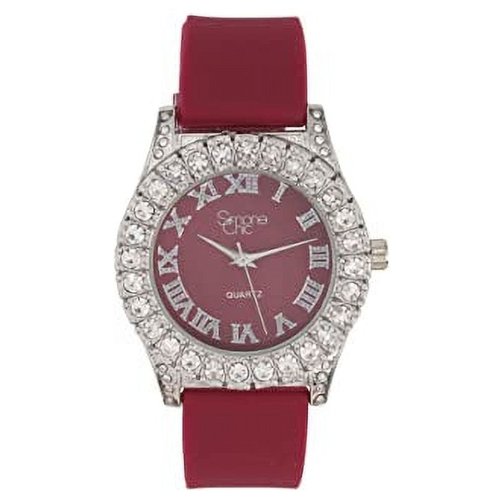 Simone Chic. Women's Big Rocks Fully Iced Bezel Colored Dial w/Easy Reader Roman Numerals Colorful Rubber Band Watch - ST10357LA (4pcSet SLV Plum Purple)
