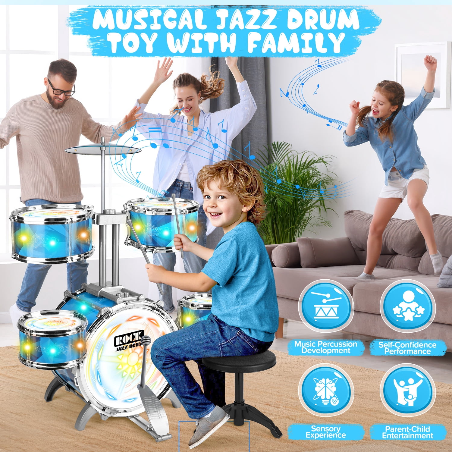 Carsky Kids Rock Drum Kit for Toddlers, Upgraded Induction Light Jazz Drum Set w/ Stool, Educational Music Beginner Instrument Toy for Boys & Girls Age 3 4 5 6